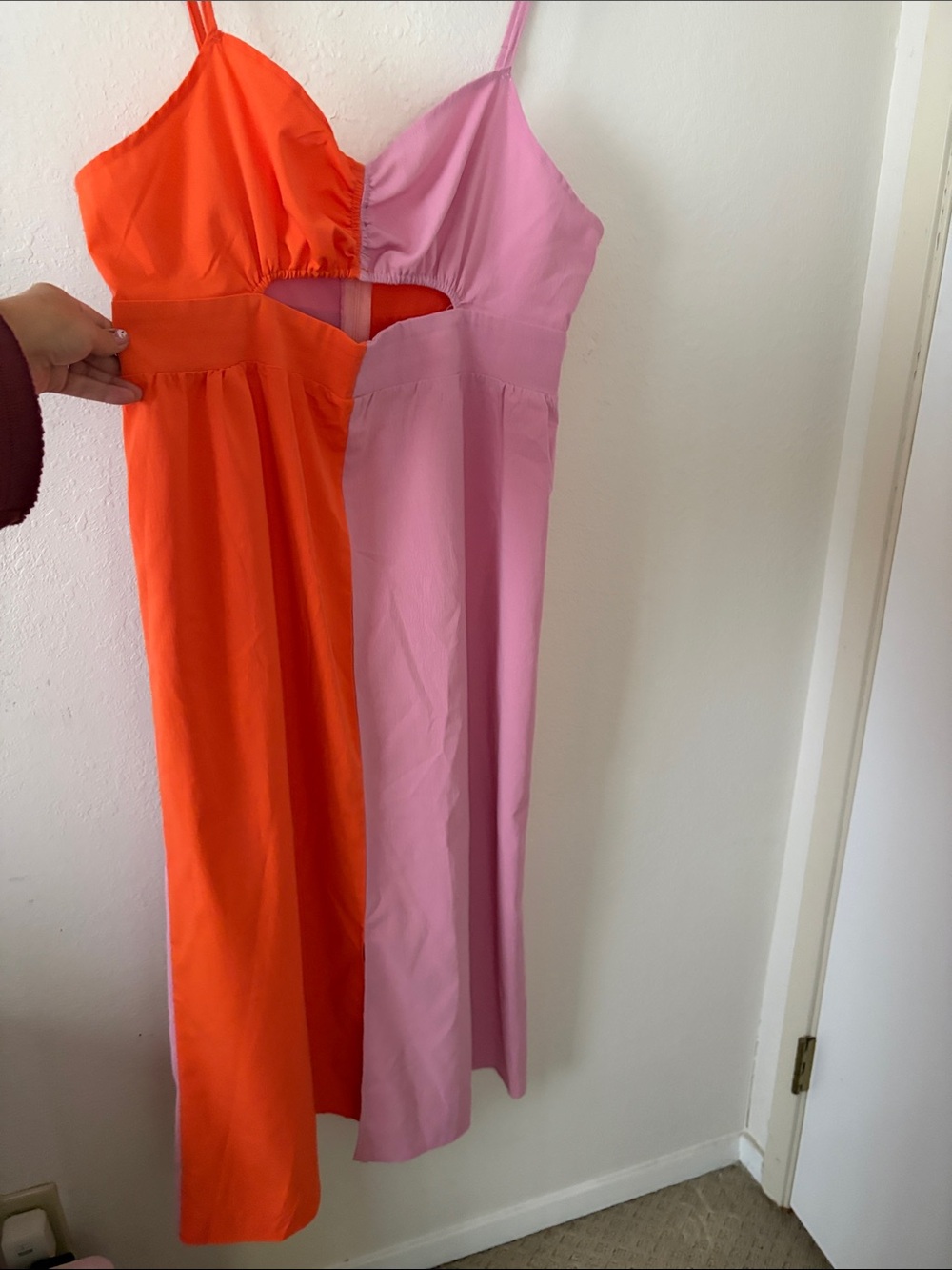 Colorblock Spaghetti-Strap Midi Dress in Orange and Pink